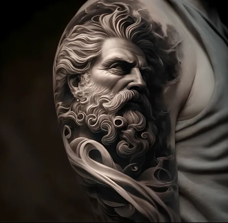 a close up of a statue of a man with a beard, tatuagem sombreada hiper realista, realismo super intrincado, tatuagem hiper realista, Ultra - realista e intrincado, detalhes intrincados hiperrealistas, tatuagem hiper-realista, detalhes intrincados realistas...