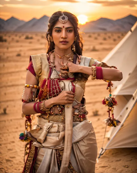 arafed Indian woman wearing a saree standing in front of a tent with the sun setting, cinematic. by leng jun, movie still 8 k, shot on canon eos r 5, shot on canon eos r5, great cinematic lighting, matte painting portrait shot, dramatic portraiture of uuen...