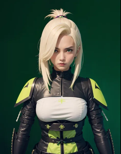 uma mulher, cabelo curto branco, wearing a black and neon green anime-style samurai armor.