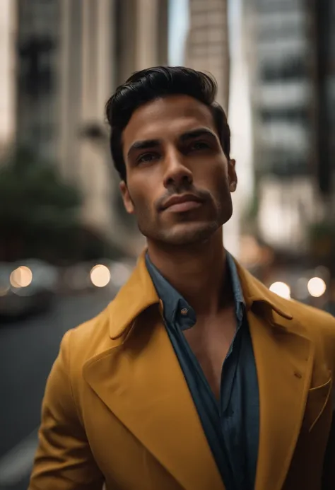 Um modelo masculino de terno, alto, 29 anos, on Avenida Paulista in São Paulo, Fotografia realista, professional portrait photography by Martin Schoeller, by Mark Mann, by Steve McCurry, bokeh, studio lighting, canon lens, shot on dslr, 64 megapixels, shar...