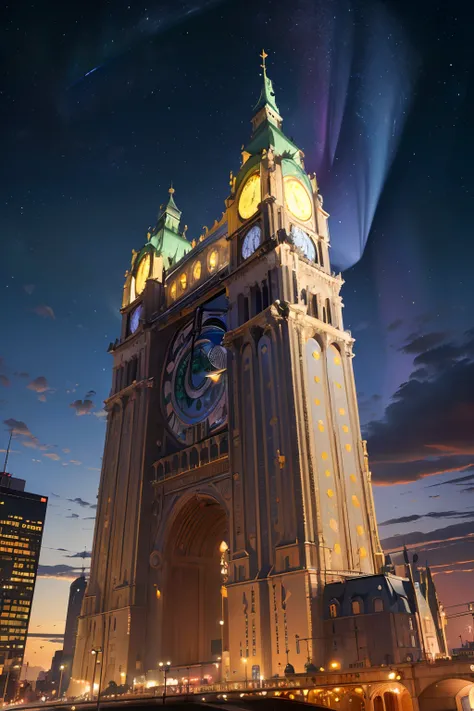 (Best Quality,4K,8K,hight resolution,masutepiece:1.2),Ultra-detailed,(Realistic,Photorealistic,Photorealsitic:1.37),Aurora,metropolis,highrise buildings,Vibrant colors,Super fine,Looking Up,landscape,Illustration,Colorful,glowing lights,clocktower