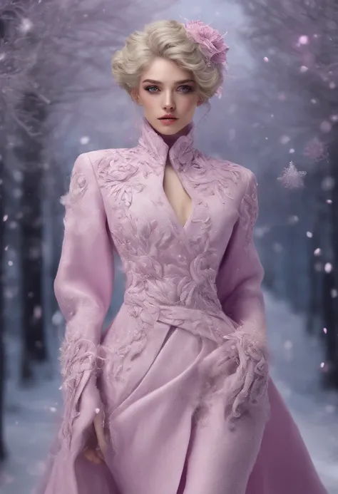 (Winter haute couture show）, （full bodyesbian），Senior model，（Silver hair fluttering：1.2）,dressed in( purpleish color，purpleish color，in pink，in pink），Wool felt texture，( purpleish color，purpleish color，in pink，in pink）（High-grade cashmere）(Large sweater)，(...