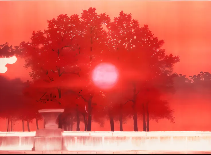 Painting of a red sun setting over a park with trees, Rene Magritte. circunstanciado, Rene Magritte. hiperdetalhado, Directed by: rene magritte, Directed by: Rene Magritte, pintura Magritte, rene margritte, sol ao amanhecer, Magritte, inspirado em Koson Oh...