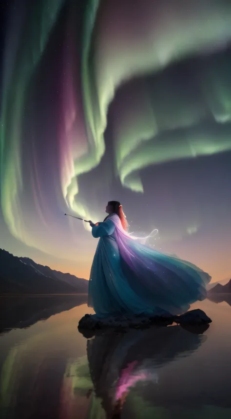 (best quality, 4k, 8k, highres, masterpiece: 1.2) ultra-detailed, (realistic, photorealistic, photo-realistic: 1.37) A woman holds a magic wand from which aurora borealis emerge, towards the sky. (vibrant colors, ethereal atmosphere, beautiful sky, dancing...