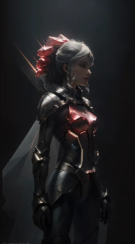 Wold style，Armor Girl，Crystal material（3D rendered armor，refractive index：1.76 - 1.78，albedo：0.03 - 0.05，ambient lights：Between 20 - 50，colours：dark red color, Moderate saturation，The type of light：Ambient Light：1.2，Light source color：aurora borealis，Light...