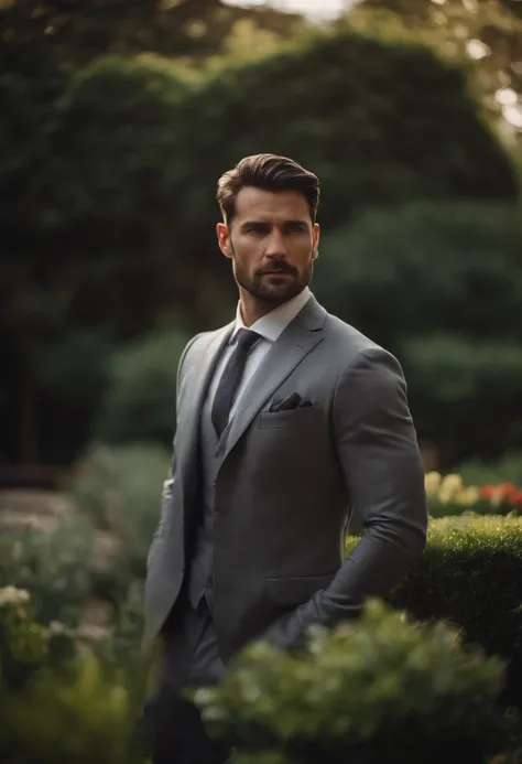 30 year old man wearing gray suit, handsome, portrait, garden background