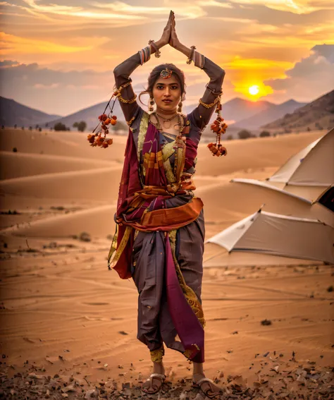 arafed Indian girl and wearing saree standing in front of a tent with the sun setting, cinematic. by leng jun, movie still 8 k, shot on canon eos r 5, shot on canon eos r5, great cinematic lighting, matte painting portrait shot, dramatic portraiture of uue...