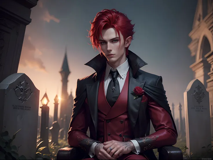 A dark elvish prince with bloody red hair, handsome male, elegant, aristocratic, mysterious, velvet jacket, sitted on a graveyard. Ultra hd, perfect anatomy, highly detailed, digital painting, illustration.