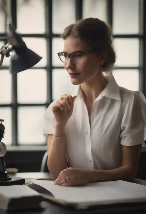 Woman in the laboratory with documents in formal costume