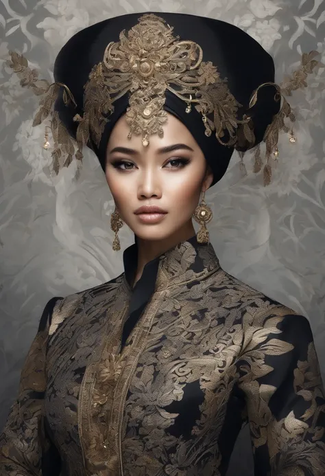 a malay woman is covered with tiny people with various acting in black, in the style of detailed atmospheric portraits, indigo and bronze, made of all of the above, social media portraiture, intricately textured, fragmented, emotive expressions,