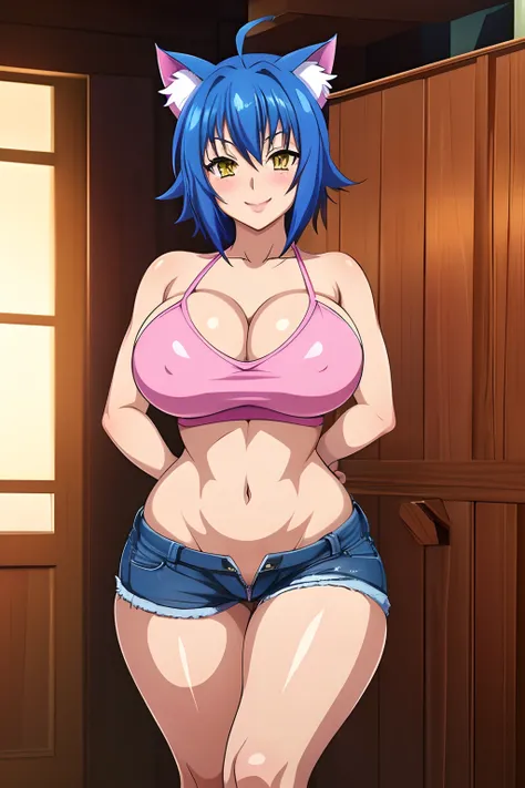 Highschool dxd, Xenovia, 1 girl, (((bimbo))), short blue hair, yellow eyes, puffy lips, painted lips, thick lips, cat ears, wide hips, thick thighs, huge ass, erotic Smile face, embarrassed, bubble butt, camel toe, Breasts, blue jeans, pink top, posing,