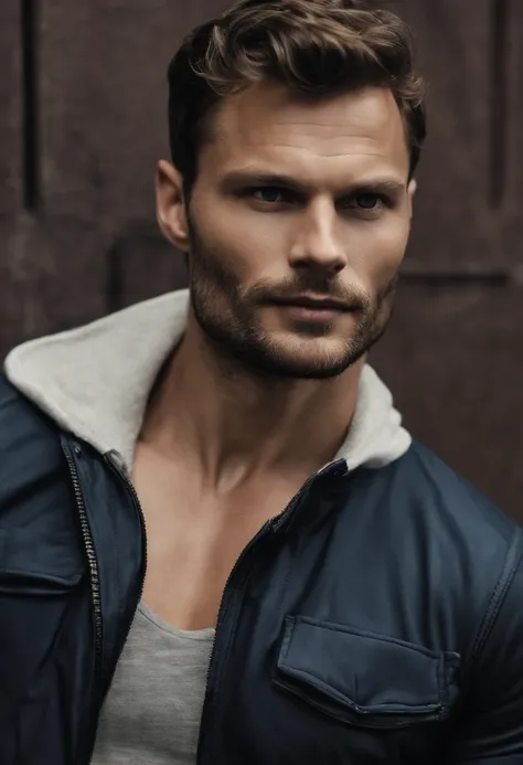 (Mann weissen T-Shirt), ), (langer Bart tragen,) Attractive and serious appearance, dunkel braunes Haar, Stilvoll und elegant, shaved and strong body T-shirt, Man similar to actor Jamie Dornan, (High quality and realistic image), im Hintergrund Skandinavis...