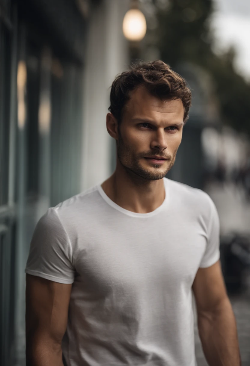 (Mann weissen T-Shirt), ), (langer Bart tragen,) Attractive and serious appearance, dunkel braunes Haar, Stilvoll und elegant, shaved and strong body T-shirt, Man similar to actor Jamie Dornan, (High quality and realistic image), im Hintergrund Skandinavis...