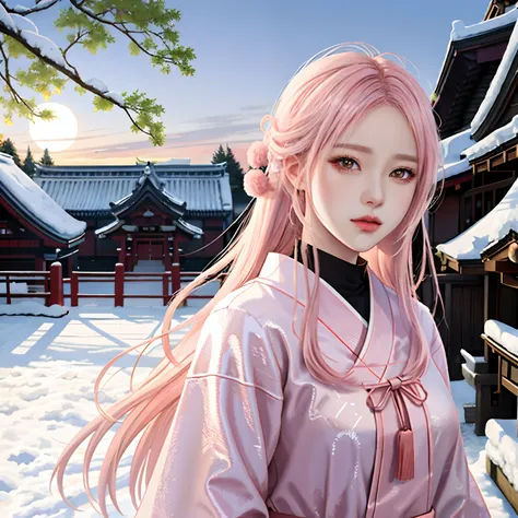 Inspired by Yuumei，Digital anime art，Girl with pale pink hair looking at the camera，wearing leather armor，Japanese shrine costumes，（A half body：1.5），（There was a huge white wolf beside the girl：2)，under moonlight，snowfield，Inspired by Yuumei，Digital anime ...