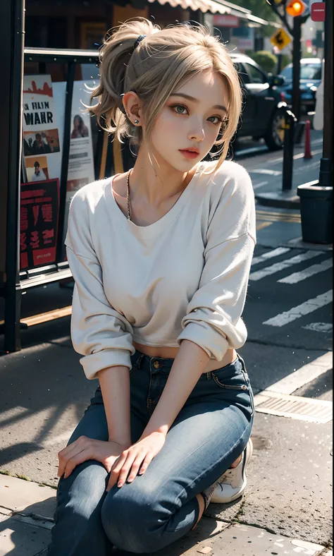 （raining day：1 silver-haired girl, Girl）， tmasterpiece， best qualtiy， RAW photogr， realisticlying， the face， Incredibly Ridiculous res， Beautiful elf beauty, ear studs，Get wet all over， (Champagne-colored ultra-short hair,Half-tied ponytail), Sweatshirt,ti...