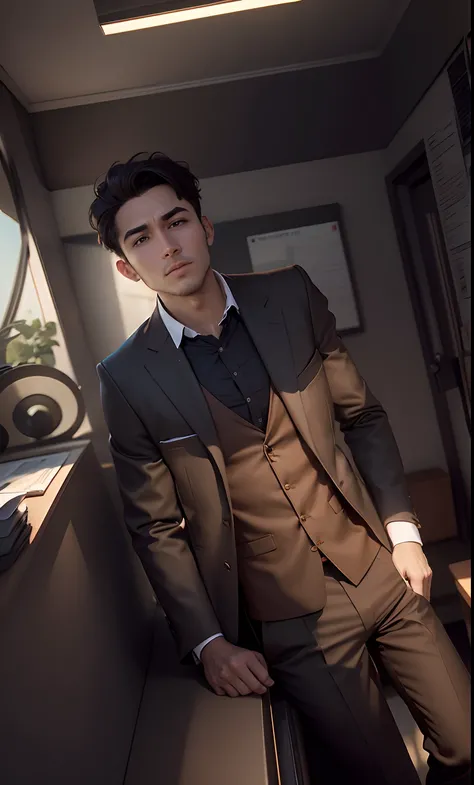 A young business man in a modern brown suit, background change to office, 8k quality, super realistic image, clear and realistic human face.