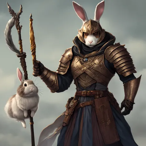 Serious humanoid rabbit with armor and wizards staff