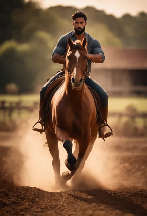 Theres a young Latino man with a beard,Muscular in front of it is a farm,Hes riding an extremely beautiful horse, imagem em 8k detalhado