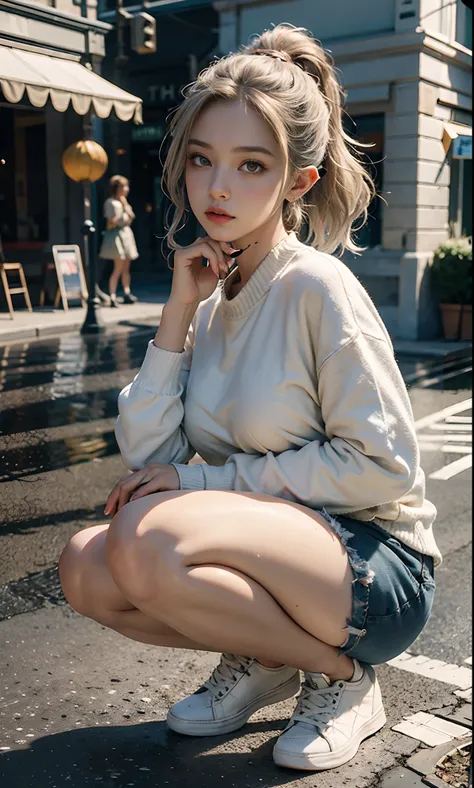 （raining day：1 silver-haired girl, Girl）， tmasterpiece， best qualtiy， RAW photogr， realisticlying， the face， Incredibly Ridiculous res， Beautiful elf beauty, ear studs，Get wet all over， (Champagne-colored ultra-short hair,Half-tied ponytail), Sweatshirt,ti...