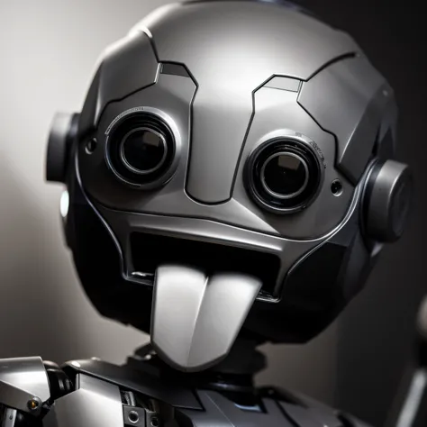 A closeup of a robot with a tongue sticking out, robot photography, robot with human face, Roubo de Einstein, robot portrait, close-up of a robot sitting down, happy robot, portrait of a robot, Robot face, Face detalhada de um androide, robotic face, cute ...