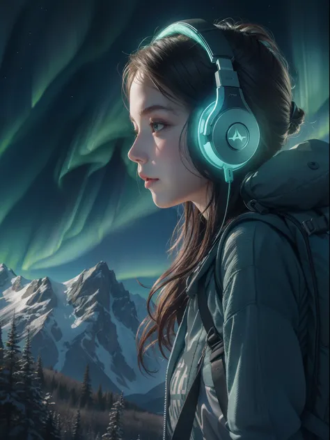 Girl with headphones and backpack looking at a Mountain, green aurora brilliant lightsin background effects, detailed, very highly detailed portrait, 16K UHD detailed graphics