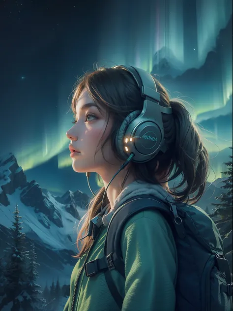 Girl with headphones and backpack looking at a Mountain, green aurora brilliant lightsin background effects, detailed, very highly detailed portrait, 16K UHD detailed graphics