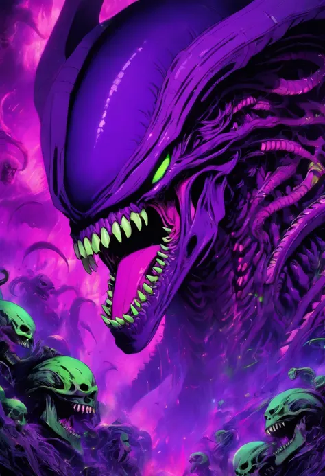 super beast purple and lime green, xenomorph skull face teeth screaming, sf, intricate artwork masterpiece, ominous, matte painting movie poster, golden ratio, trending on cgsociety, intricate, epic, trending on artstation, by artgerm, h. r. giger and beks...