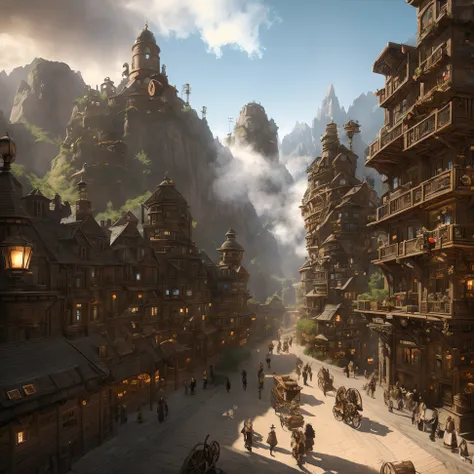 Steampunk-style city built into a mountain - Picture a city built into the side of a massive mountain, with gears, clockwork mechanisms, and steam-powered machines everywhere. The city is made up of a series of connected platforms and walkways, with elevat...