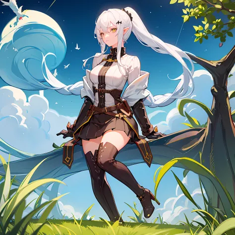 one girl, white hair, yellow color eye, elf, medium breast, long ponytail hairstyle, adventure theme, looking at the star, sitting in the grass, river