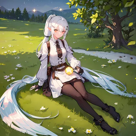 one girl, white hair, yellow color eye, elf, medium breast, long ponytail hairstyle, adventure theme, looking at the star, sitting in the grass, river