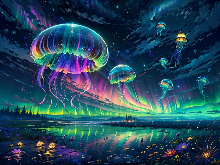 night, vast plain of grass, floating colorful jellyfish, lost of jellyfish floating around, sea of flower, fireflies, (vivid aurora on the sky), stars