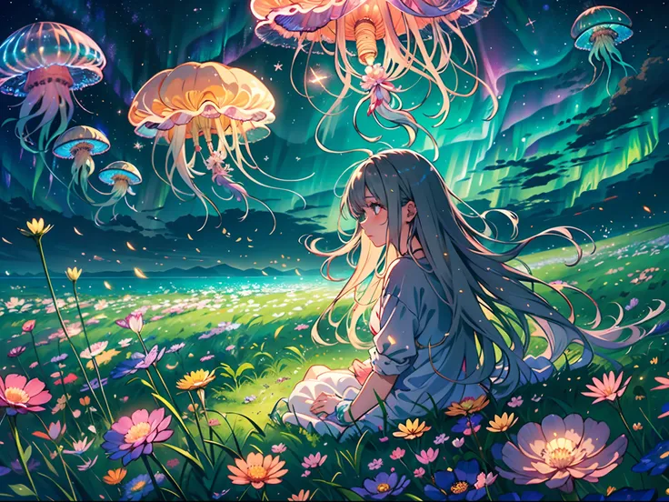 night, vast plain of grass, floating colorful jellyfish, lost of jellyfish floating around, sea of flower, fireflies, (vivid aur...