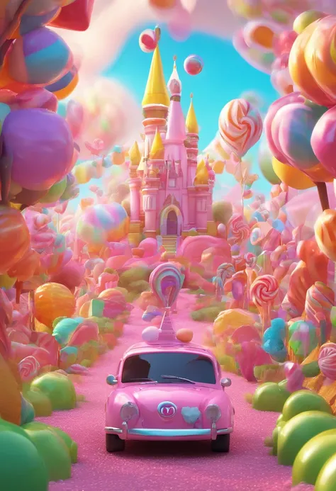 a car is driving in the Candy Kingdom. In the distance, there are pink castles, rainbows, hot air balloons, colorful clouds, and trees made of candy on both sides of the road. Fantastic,