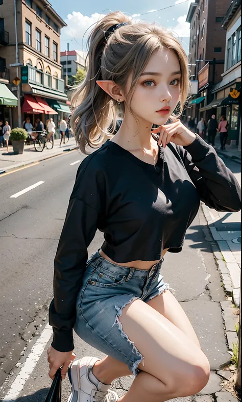 （raining day：1 silver-haired girl, Girl）， tmasterpiece， best qualtiy， RAW photogr， realisticlying， the face， Incredibly Ridiculous res， Beautiful elf beauty, ear studs，Get wet all over， (Champagne-colored ultra-short hair,Half-tied ponytail), Sweatshirt,ti...