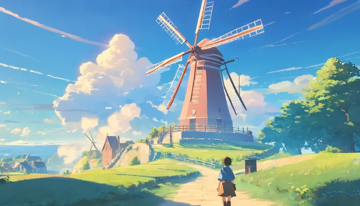 17th century European style，Blue sky，There are white clouds in the sky，Underground is Dutch architecture，There are big windmills，There are working people