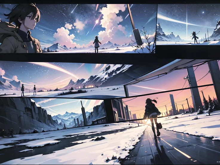 comic strip，cartoon split，storyboard，masterpiece, institute in heavy snow bright starry sky, makoto shinkai's picture, pisif, co...