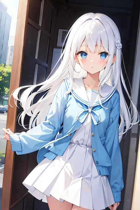 white  hair、light blue eyes、white sailor suit、i'm wearing a light blue cardigan.、cute little、plaid pleated skirt、lowfers