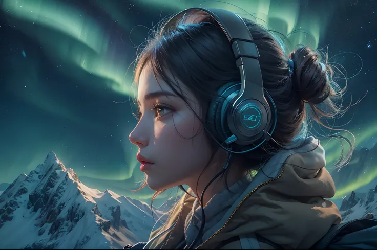 Girl with headphones and backpack looking at a Mountain, green aurora brilliant lightsin background effects, detailed, very highly detailed portrait, 16K UHD detailed graphics