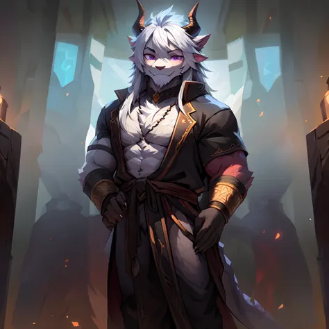 solo person，shaggy male，Furry art！！！，hairy chest，Fluffy fur，a Oriental Dragons，Oriental Dragons，Dragons horn，Blue fur，long  white hair，Purple eye，Bullied，full bodyesbian，mages，Handsome，starrysky，full bodyesbian，Whole-body visibility，No shoes，Row tracking、N...