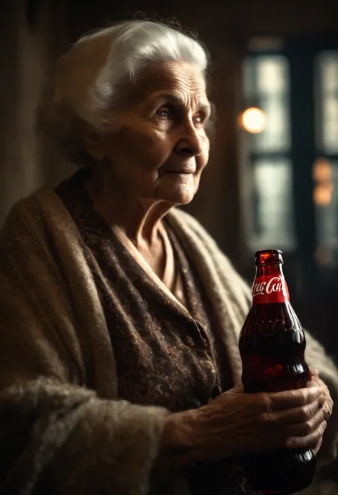 Old woman with scary face in 70 years old she is standing holding a bottle of coca cola dark scenery dim light old in a room has many people behind her on a blurred background perfection of great quality in masterpiece of extraordinary details