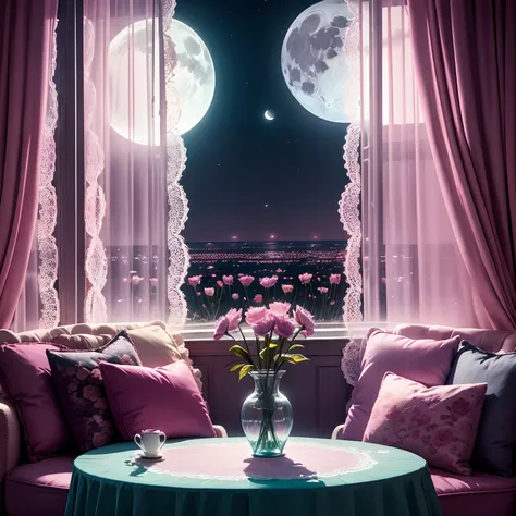 Lace curtains　Pink sofa　Mint Color Wallpaper　Table in the form of flowers　The moon seen through the cherry light window