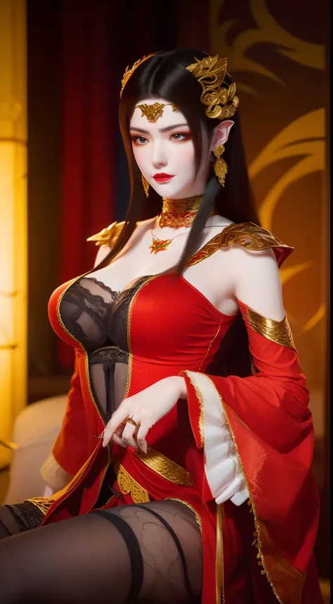 Huge tits, 1 very beautiful queen medusha in hanfu dress, thin red silk shirt with many yellow motifs, black lace top, long hair dyed black, beautiful hair jewelry, pretty face pretty and cute, perfect face, earring jewelry, head and hair jewelry, antique ...