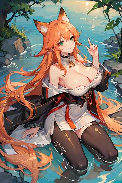 (Masterpiece, best quality, beautiful eyes, highly detailed, high res), 1girl, fox girl, fox ears, fox tail, orange hair, green eyes, Japanese priestess, goddess, Miko clothing, mature woman, big breasts, massive breasts, massive cleavage, sexy, shiny skin...