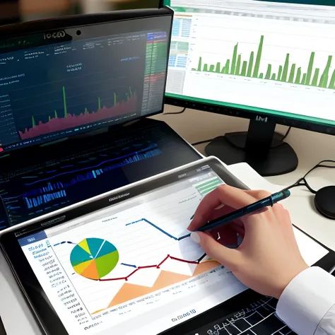 Um touro com terno, Messing around at a table with computers showing investment charts