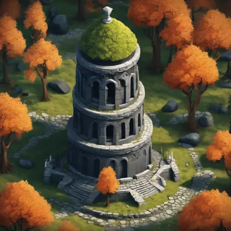 Absurder, Best Quality, Fantasy, isometry, Kneeling style (Miniature round tower made of mossy black basalt stones:1.2), gnarled, dry, blackened trees, Forged ornate fence rusty with time, (Simple background:1.2)