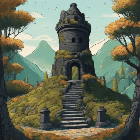 Absurder, Best Quality, Fantasy, isometry, Kneeling style (Miniature round tower made of mossy black basalt stones:1.2), gnarled, dry, blackened trees, Forged ornate fence rusty with time, (Simple background:1.2)