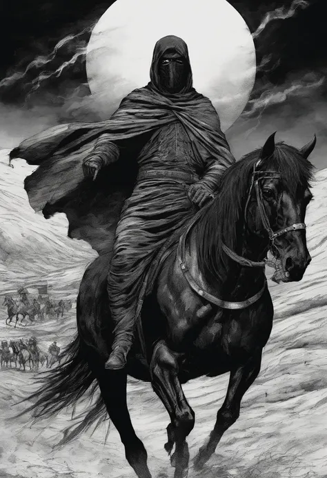 Masked Man on a Black Horse, Arab scarf on the head, dessiner dans le style du manga baki avec fond apocalyptique, war illustration, bandit.