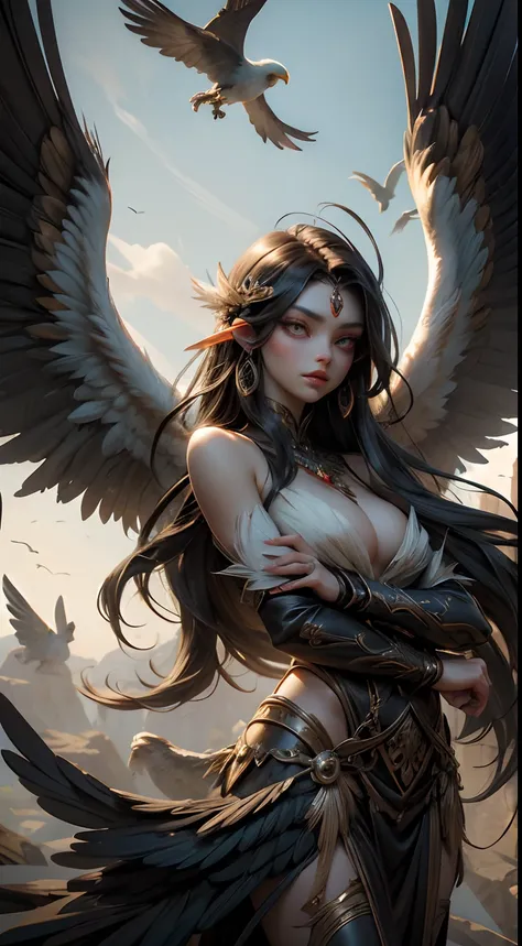 Harpyia is a mythological creature that combines bird and human elements. Their body resembles a woman with human hands and head, but they have large wings similar to birds of prey. These wings have thick feathers and sharp tips, giving a fierce and deadly...