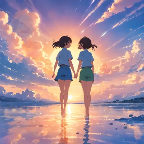 ​masterpiece, Highest quality, MovieSteel, 2girl, Back pants,Cloud Girl, Floating in the sky, close-up, Brightness, happiness, Warm soft lighting, sunset, (sparks:0.7)