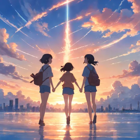 ​masterpiece, Highest quality, MovieSteel, 2girl, Back pants,Cloud Girl, Floating in the sky, close-up, Brightness, happiness, Warm soft lighting, sunset, (sparks:0.7)